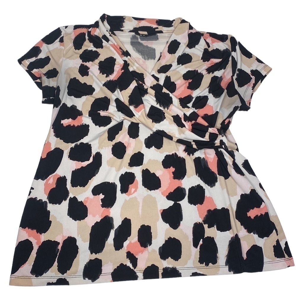 DKNY Dusty Rose & Guava Pink Leopard Ruched Surplice Top - Picture 3 of 8